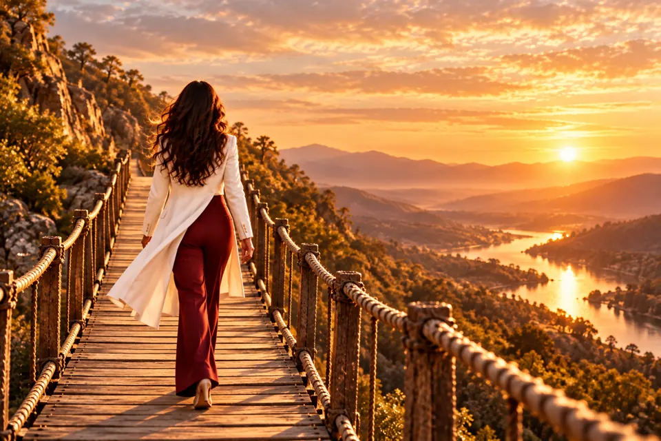 Uma mulher caminhando por uma ponte em direção ao pôr do sol