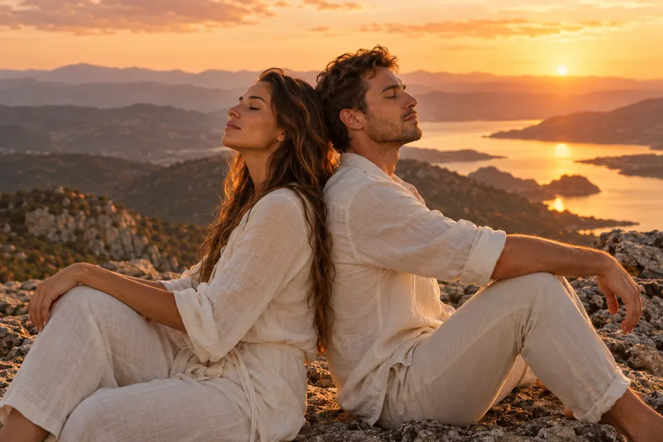 Duas pessoas em um momento de reflexão ao pôr do sol